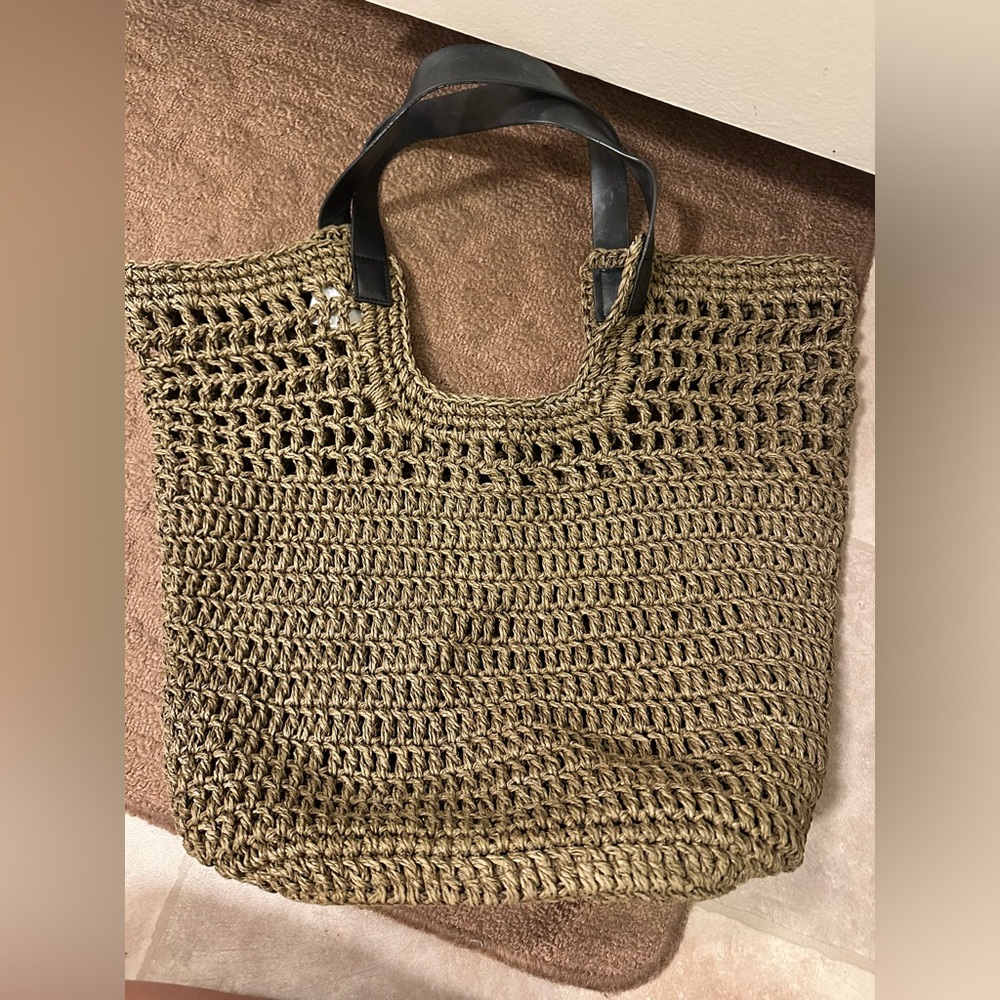 Banana Republic Handcrafted Brown Woven Tote Bag with Black Handles